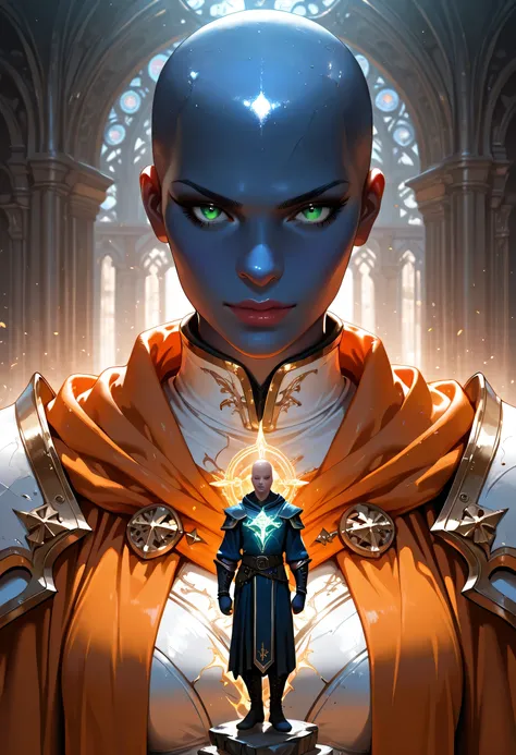 Picture of a vedalken female cleric ((dark blue skin)), intense details facial details, exquisite beauty, cleric, (dark blue skin) female, ((bald)), (((no ears))), (green eyes), armed with a radiant sword, wearing (twilight priestly combat vestments), wear...