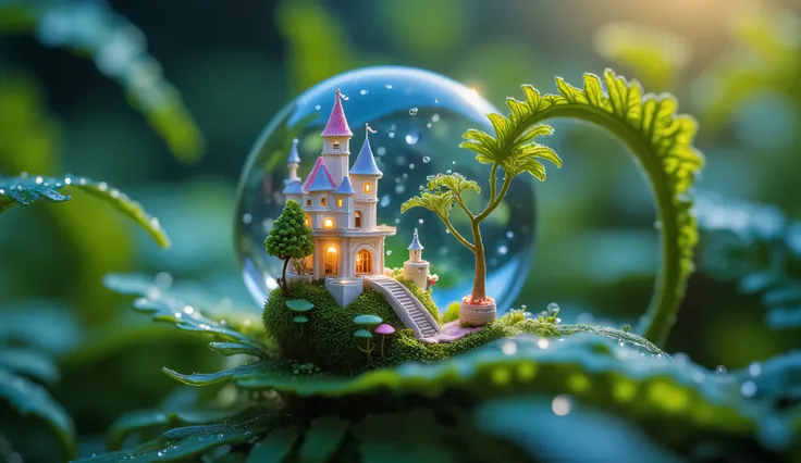 An enchanting microscopic world hidden within a single drop of morning dew, delicately balanced in a vibrant fern leaf. Inside the drop , a luminous kingdom filled with miniature bioluminescent creatures, crystalline castles, and intricate paths sculpted ...