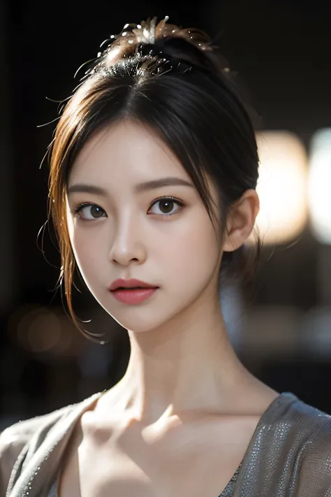 beautiful japanese woman, perfect face, clear skin, delicate features, cinematic lighting, low key lighting, shadows on face, moody atmosphere, dim light, sharp focus, ultra-detailed, photorealistic, soft expression, portrait, looking at viewer, bokeh back...