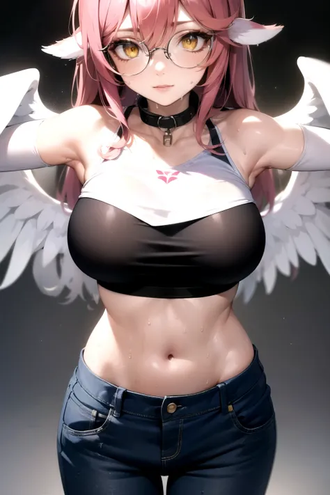 jibril, BREAK jibril, angel, angel wings, collar, animal ears, bird ears, compass rose halo, feathered wings, feathers, gradient hair, halo, long hair, low wings, multicolored hair, pink hair, symbol-shaped pupils, big breast, white wings, wing ears, wings...