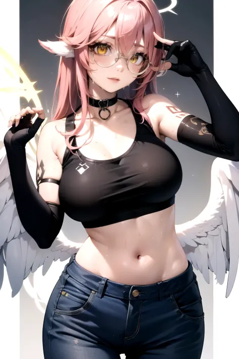 jibril, BREAK jibril, angel, angel wings, collar, animal ears, bird ears, compass rose halo, feathered wings, feathers, gradient hair, halo, long hair, low wings, multicolored hair, pink hair, symbol-shaped pupils, big breast, white wings, wing ears, wings...