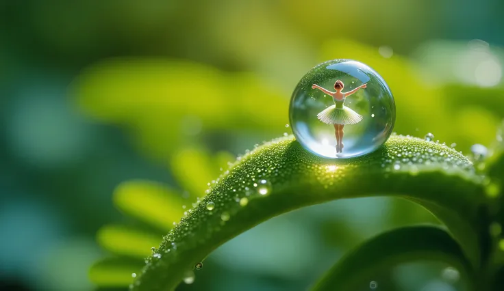 An enchanting microscopic world hidden within a single drop of morning dew, delicately balanced in a vibrant fern leaf. Inside the drop , a luminousA ballerina made of luminescent fungus dances gracefully.. Captured using a Canon EOS R5 with a 100mm f/2.8...