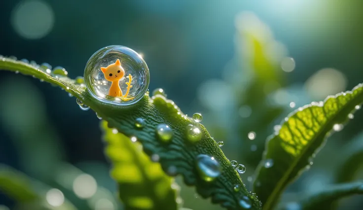 An enchanting microscopic world hidden within a single drop of morning dew, delicately balanced in a vibrant fern leaf. Inside the drop , a luminous cat made of luminescent fungus plays gracefully with light fragments. Captured using a Canon EOS R5 with a...