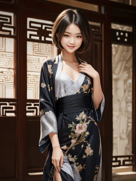 (Surrealism, retina, masterpiece, accurate, anatomically correct, super detail, best quality, 8k, extremely precise in every detail, beautiful detailed glow, beautiful attention to detail, beautiful detailed eyes), (a Chinese Girl in a long black Kimono-dr...