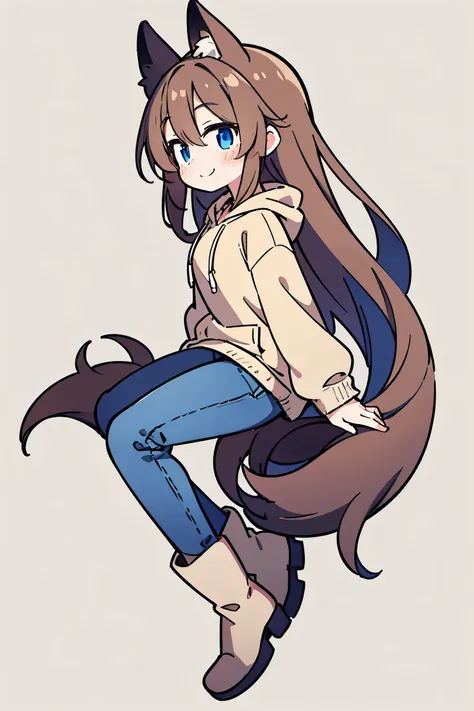 Anime Style、 cute face、 1 woman、 fox ears、 caramel brown hair、tail、long hair、 beige hoodie、jeans、boots、blue eyes、simple background、smile、Profile