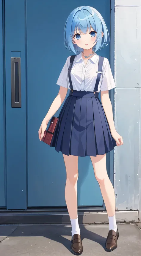 【style】 anime illustration、【appearance】 1 girl、 quick、standing、has a young face、Blue Hair Girl、short hair、(open collar:1.2)、No bag、【costume】 uniform、suspender skirt、(wrinkles showing slightly on the left shoulder:1.2)、(box skirt:1.2)、ankle、White Blouse、Sho...