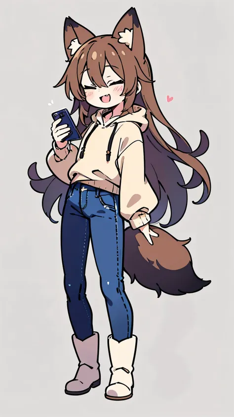 Anime Style、 cute face、 1 woman、 fox ears、 caramel brown hair、tail、long hair、 beige hoodie、jeans、boots、simple background、Take pictures with your smartphone、smiles、Profile、profile double teeth、blue smartphone、close both eyes