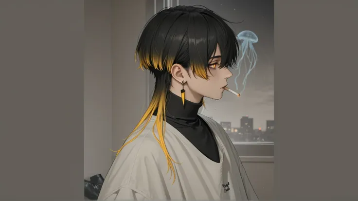 The guy's appearance: The guy's handsome man for school,  amber-colored eyes, the guy's hairstyle is more like a jellyfish, in hair color: Natural black hair on top, and by the end they turn yellow. The guy's ears have rips earrings, like any character fro...