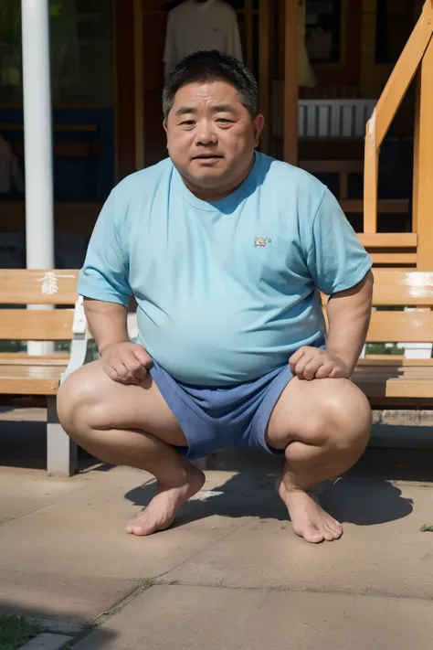Thick Japan middle-aged man in his 50s, 1man, retarded, Dwarfism, He wears a light blue shorts, Bare Thighs, Pampers, shirtsless, ((peeing self, wetting self, pee stains,)), ((trembling, fear expression, scared, looking at viewer)), kindergarten background...
