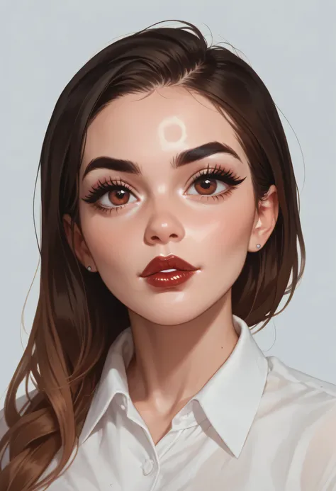 simple background, perfect face, slick back hair, black straight hair, thin eyebrows, black eyebrows, big eyes, brown eyes, thick lipstick, beautiful woman, white shirt collar johnny