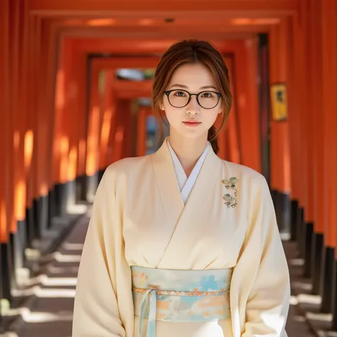 [stands in a tunnel with a bright red torii gate、young woman in a vanilla yellow kimono, peaceful meditation, Gentle sunlight], [pictures, photorealistic], [shallow depth of field,  natural light illuminating the scene ,  warm color palette、Dark Hair Red a...
