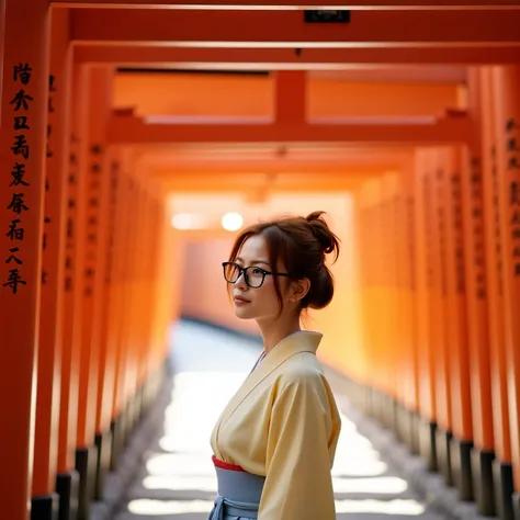 [stands in a tunnel with a bright red torii gate、young woman in a vanilla yellow kimono, peaceful meditation, Gentle sunlight], [pictures, photorealistic], [shallow depth of field,  natural light illuminating the scene ,  warm color palette、Dark Hair Red a...