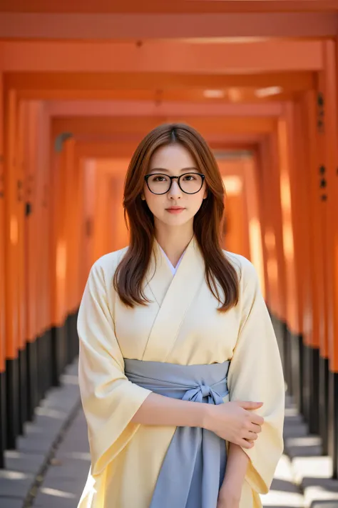 [stands in a tunnel with a bright red torii gate、young woman in a vanilla yellow kimono, peaceful meditation, Gentle sunlight], [pictures, photorealistic], [shallow depth of field,  natural light illuminating the scene ,  warm color palette、Dark Hair Red a...