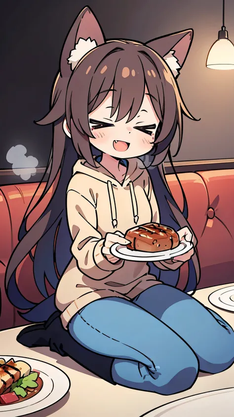 Anime Style、 cute face、 1 woman、 fox ears、 caramel brown hair、tail、long hair、 beige hoodie、jeans、boots、simple background、smiles、double teeth、close your eyes、be happy、A cute anime-style girl sitting at a table in a cozy Western-style restaurant, happily cut...
