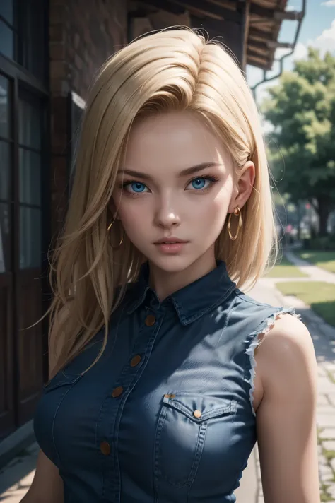 No.18,Dragon Ball Z,Dragon Ball Super,One-length hair,beautiful white blond hair,Shortcut, beautiful blue eyes ,PINK LIPS,white skin,cool expression,black sleeveless,blue jeans per boy,Ultra HD,super quality,masterpiece,DSLRs that will end,photorealistic, ...