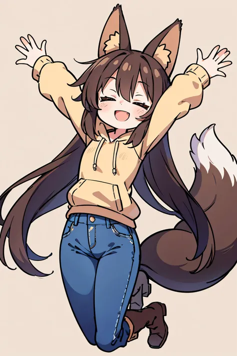 Anime Style、 cute face、 1 woman、 fox ears、 caramel brown hair、tail、long hair、 beige hoodie、jeans、boots、simple background、smiles、double teeth、close your eyes、be happy、Jumping with both arms spread wide