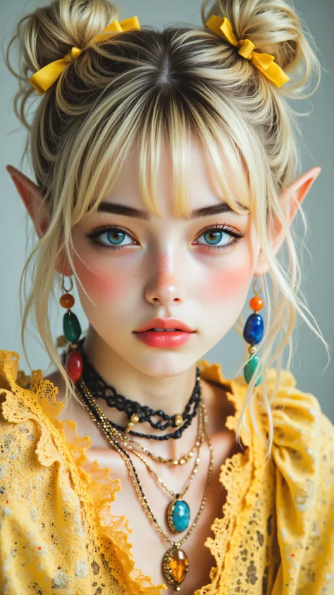 8k, masterpiece, top quality, eye-level, close-up, woman, pointed elf ears, blonde hair styled in high buns with yellow ribbons and bangs, bright blue eyes, heavy pink orange blush, coral lips, wearing colorful drop earrings, layered gold necklaces, yellow lace top with ruffled shoulders, facing camera, direct gaze, simple light grey background, soft warm diffused lighting, Fantasy

