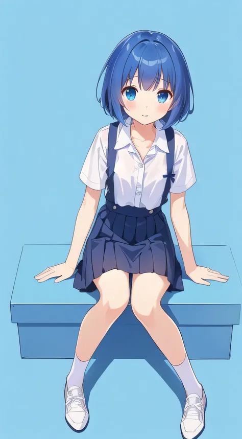 【style】 anime illustration、【appearance】 1 girl、 quick、W-sitting、young face、Blue Hair Girl、short hair、(open collar:1.2)、No bag、【costume】 uniform、suspender skirt、(wrinkles showing slightly on the left shoulder:1.3)、(box skirt:1.3)、ankle、white blouse、Short sl...
