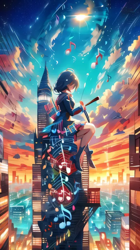 noteが紡ぐビル街　(noteがskyscraperを築く)　a melody is played through the city　a dream city built with music　guitar　(note)　(night)　カラフルなnote　輝くnote　(Colourful Musical Note)　(Musical Note)　 girl facing backwards 　back header　Girl Sitting on a Building　(nightの都市) 　fant...