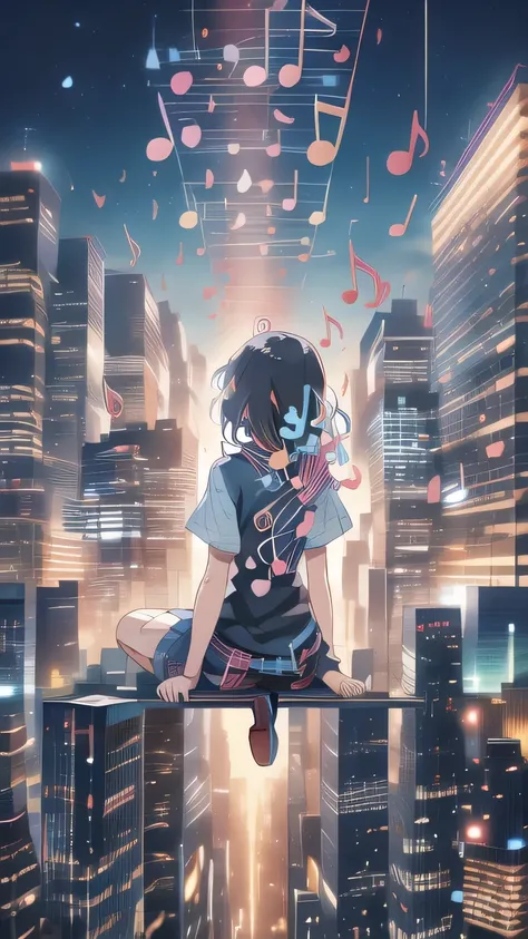 noteが紡ぐビル街　(noteが摩天楼を築く)　a melody is played through the city　a dream city built with music　guitar　(note)　(night)　カラフルなnote　輝くnote　(Colourful Musical Note)　(Musical Note)　 girl facing backwards 　back header　Girl Sitting on a Building　(nightの都市)