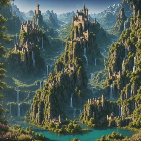 landscape of nature, large forest, lone medieval bridge, lone castle foreground, distant mountains, summer, lone fantasy castle, lively, tiny lake foreground, Analog style, masterpiece, fantasy, (extremely detailed CG unity 8k wallpaper), giant waterfall, ...