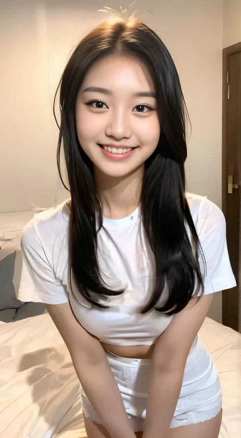 {{One high school girl：18 years old：(big double eyelids)：(mascara}], {see through - white underwear}、 {{{white tight mini skirt:2}}}、 bed、{smile、Short sleeve、 {high resolution}、 {Korean idol's face } 、{{{big double eyelids}、{White teeth}、   { {{{medium hai...