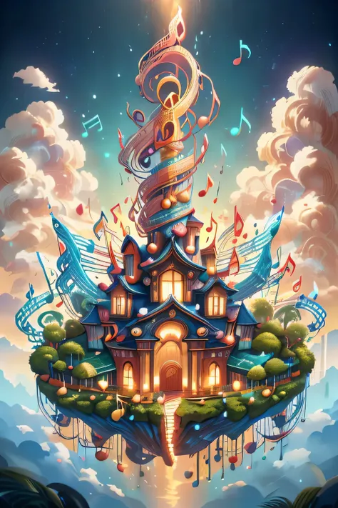 musical notes, many musical notes:1.5, countless musical symbols gently drifting in the sky, forming the structure of a floating fantasy city, buildings organically shaped like instruments and harmonized with nature, glowing piano key pathways winding thro...