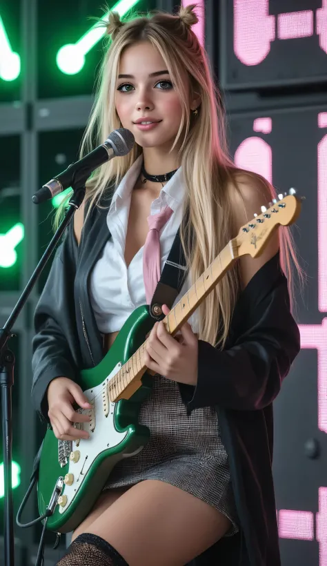 Photorealistic, ultra-detailed, high definition, best quality, dynamic three-quarter view, high angle, 1 woman, solo, fair skin with subtle tan, vivid green eyes, long blonde hair styled in a hime cut with two hair clips, highly detailed and expressive fac...