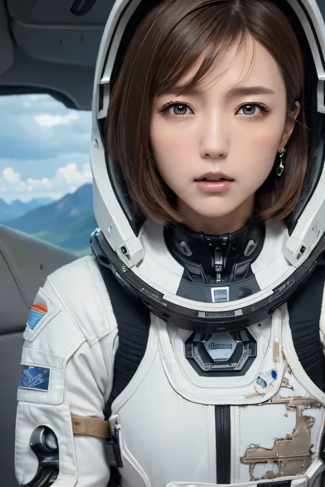 Ultra-high resolution、(Real:1.4)、One beautiful woman、Beautifully detailed eyes and skin、Angry face、Light brown short hair、Small Bust、Intricately designed spacesuit、Wreckage of a large spaceship、Remains of megastructures、wasteland、Valley、Rocky Mountain、Clou...