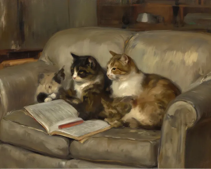 rag doll、British Shorthair、 Maine Coon、Scottish Fold、 Sitting on the sofa and reading a book 、cozy、elegant、calm、Dull Color、soft light、stylish living room、realistic depiction、WARM ATMOSPHERE
