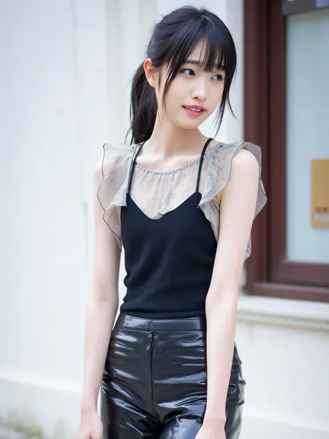 Full body image,full body shot, a Japanese cutie girl, 20 years old, (The angle is horizontal), ((wearing Black tight PVC pants)) , black long hair, smiling, detailed writing, Female Best Image Quality、 super high resolution、( realism:1.4)、 sexy makeup 、...
