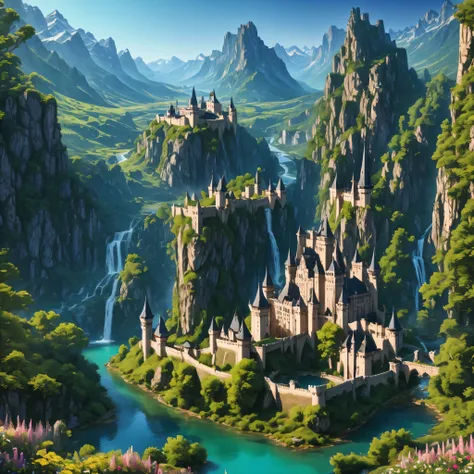 landscape of nature, large forest, lone medieval bridge, lone castle foreground, distant mountains, summer, lone fantasy castle, lively, tiny lake foreground, Analog style, masterpiece, fantasy, (extremely detailed CG unity 8k wallpaper), giant waterfall, ...