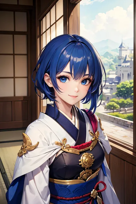 masterpiece, Highest Quality, (Beautiful Women with Attention to Details)1 lady, Japanese Armor, Naginata, blue hair, medium hair, blue eyes, smile, Japanese Castle, YANG-FEATHER BUTTERFLY