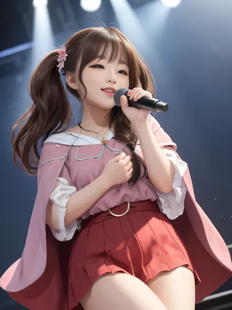 
(Highest Quality)、masterpiece、hyperrealism、highlights are great、on stage、Sing live 、
(idol、A sea of penlights、Woman holding a microphone in her hand)、 sex appeal、lustrous brown hair 、middle twin tail、circlet、
cute、Red lips、Laughter 、idolドレス、Chubby Glowing...