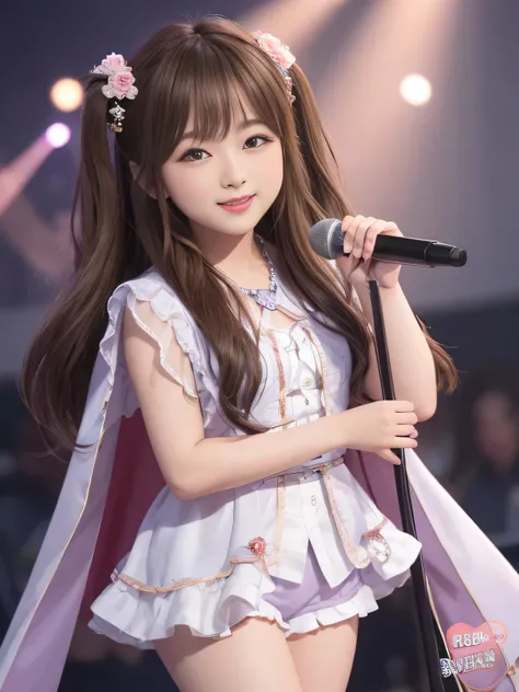 
(Highest Quality)、masterpiece、hyperrealism、highlights are great、on stage、Sing live 、
(idol、A sea of penlights、Woman holding a microphone in her hand)、 sex appeal、lustrous brown hair 、middle twin tail、circlet、
cute、Red lips、Laughter 、idolドレス、Chubby Glowing...
