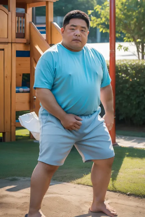 Thick Japan middle-aged man in his 50s, 1man, retarded, Dwarfism, He wears a light blue shorts, Bare Thighs, Pampers, shirtsless, ((peeing self, wetting self, pee stains,)), ((trembling, fear expression, scared, looking at viewer)), kindergarten background...
