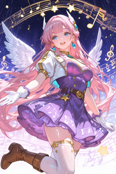 SeraphineLoLXL, blue eyes, pink hair, bangs, hair ornament, very long hair, shiny hair, star (symbol), earrings, medium breasts, chocker, white jacket, puffy short sleeves, purple dress, wings, white gloves, skirt, belt, white thighhighs, brown boots,sing ...