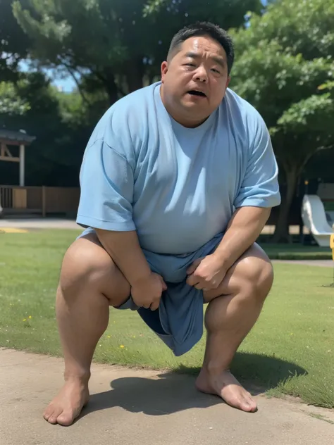 Thick Japan middle-aged man in his 50s, 1man, retarded, Human, Dwarfism, He wears a Light blue Hotpants, Bare thighs, ((peeing self, wetting self, pee stains,)), ((trembling, fear expression, scared, looking at viewer)), kindergarten background, It's a sun...