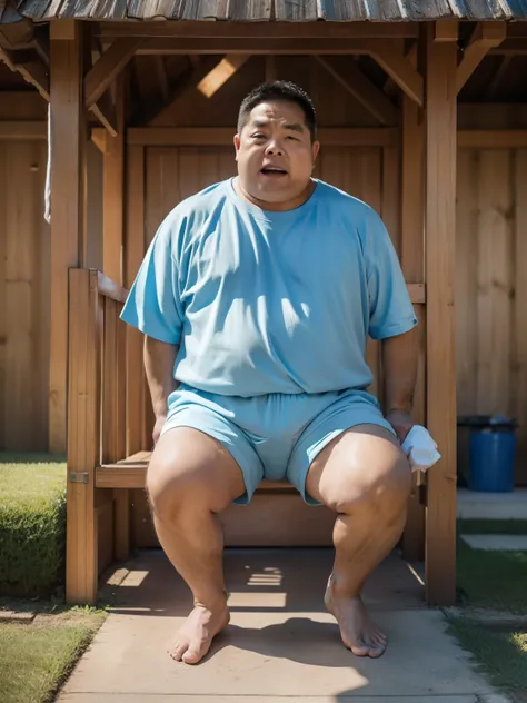 Thick Japan middle-aged man in his 50s, 1man, retarded, Human, Dwarfism, He wears a Light blue Hotpants, Bare thighs, ((peeing self, wetting self, pee stains,)), ((trembling, fear expression, scared, looking at viewer)), kindergarten background, It's a sun...
