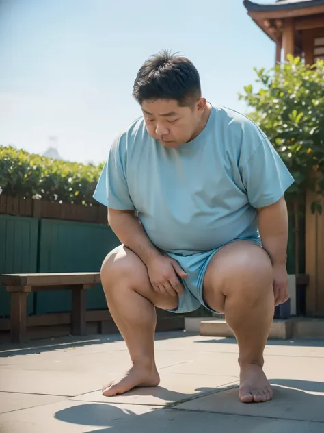 Thick Japan middle-aged man in his 50s, 1man, retarded, Human, Dwarfism, He wears a Light blue Hotpants, Bare thighs, ((peeing self, wetting self, pee stains,)), ((trembling, fear expression, scared, looking at viewer)), kindergarten background, It's a sun...