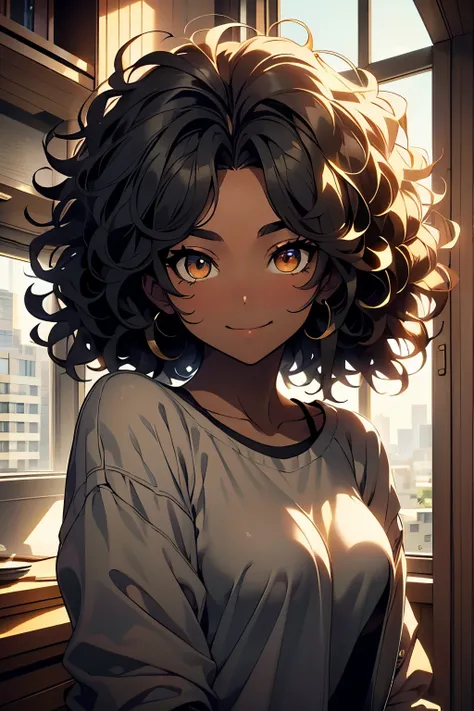 Dark skinned anime girl, 14 anos, Big black hair, curly afro , discreet smile,with a beautiful face , casual clothes, in a daytime setting ((Best Quality)) ((detalhado)) ((HD)) ((pretty face)), ((1.2))