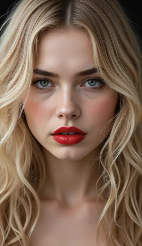 wavy blonde hair, big , red mount