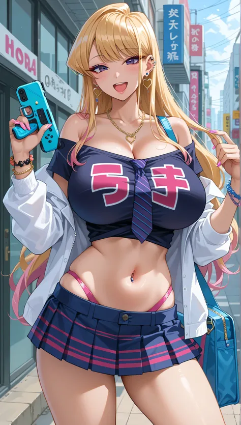 simple facing xLv2, Komi Shouko, Gyaru, blond hair, long hair, purple eye, earrings, ear piercing, multicolor hair, score_9, score_8_ up the side, score_7_ up the side, source_Anime, Masterpiece, top quality, Big Breasts, off shoulder shirt, shirt with tie...