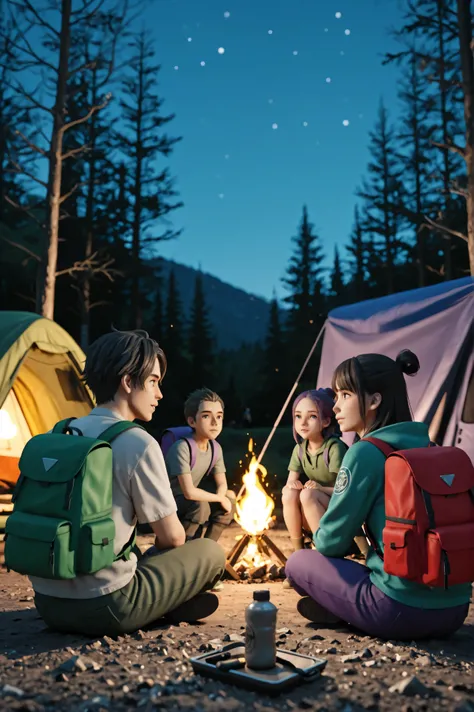 four young adults, camping, survival experts, 2 boys, 2 girls, 1 boy with red backpack, 1 boy with green backpack, 1 girl with blue backpack, 1 girl with purple backpack