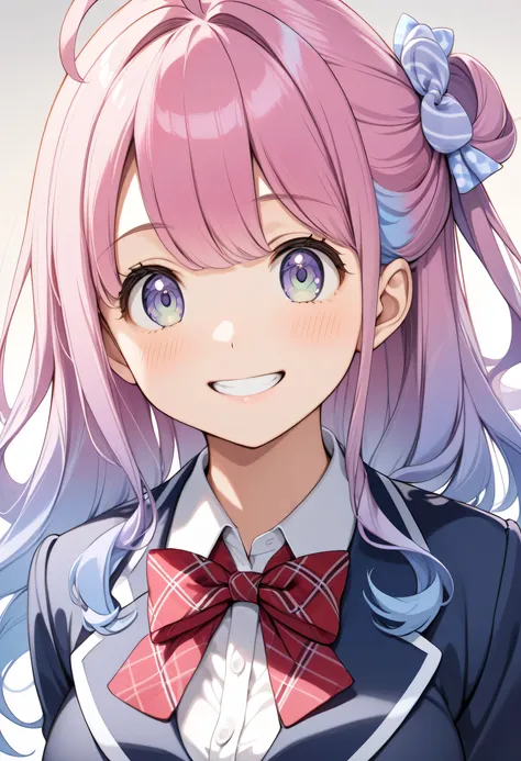 1girl,Himemori Luna,big breast,Long hair,portrait,(detailed_face:1.2),blue jacket, blazer, red bowtie, collared shirt, white shirt, red skirt, plaid skirt, black pantyhose, school uniform,Grinning Face with Smiling Eyes,