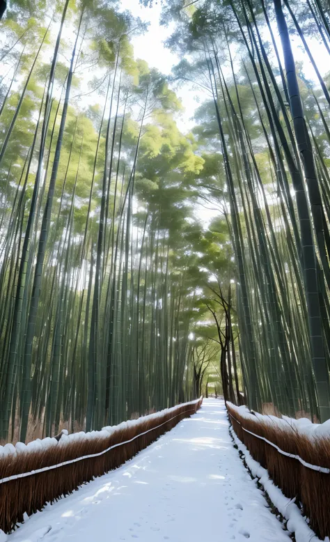 highdefinition images、A snowy landscape along the Sagano bamboo grove path in Arashiyama, Kyoto。