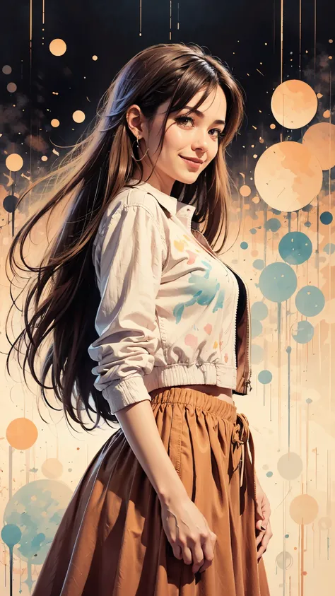 two-dimensional, national foundation, pastel colors, watercolor, line art, ankymoore, woman, alone, long hair, looking at the audience, long flowing skirt, brown hair, smiling, loose fit crop jacket, brown eyes, jewelry, Hearts in the air, view from below,...