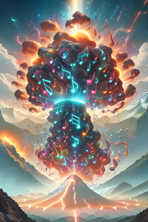 Volcano erupting with radiant, energetic light violently bursting from the crater, glowing musical notes and five-line staves shooting rapidly into the sky, dynamic explosions of light, vibrant fantasy atmosphere, highly detailed, glowing neon elements, et...