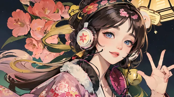(Highest quality, 8k, masterpiece, High resolution:1.5), (whole body), Vibrant colors, Brown-black bob, Traditional top-knot, Ample breasts, (Highly detailed face and eyes, Beautiful Face, Beautiful Eyes, Beautiful nose, Pretty lips:1.5), Official Art, Uki...
