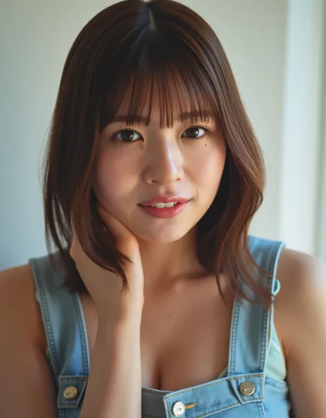 nsfw,Relaxing in a room, 20 years old ((with bangs, dark brown hair, short bob hair:1.5)), she has a hot hourglass body with huge tots and bubble butt, (looking at the camera), black eyes, realistic and detailed face, beautiful woman, , detailed face, mast...